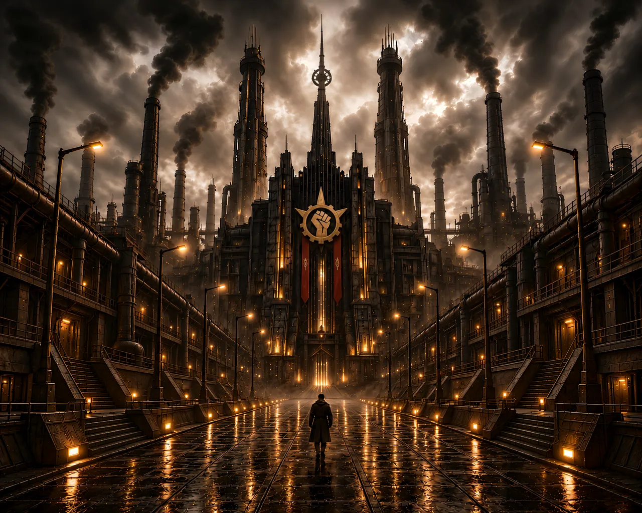 Dominion&rsquo;s Rise, an industrial city of black towers and smokestacks under the fist-and-gear emblem of the Dominion of Man, a lone figure walking its lamp-lit street