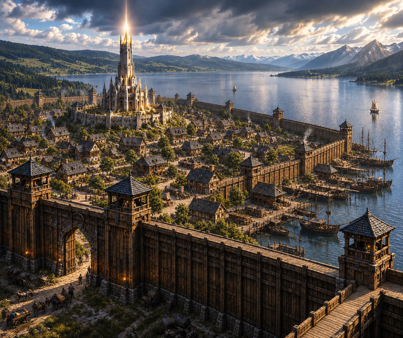 Lakeward, a timber-walled harbour town on the shore of a great lake, with ships at its docks and a spired beacon tower at its heart