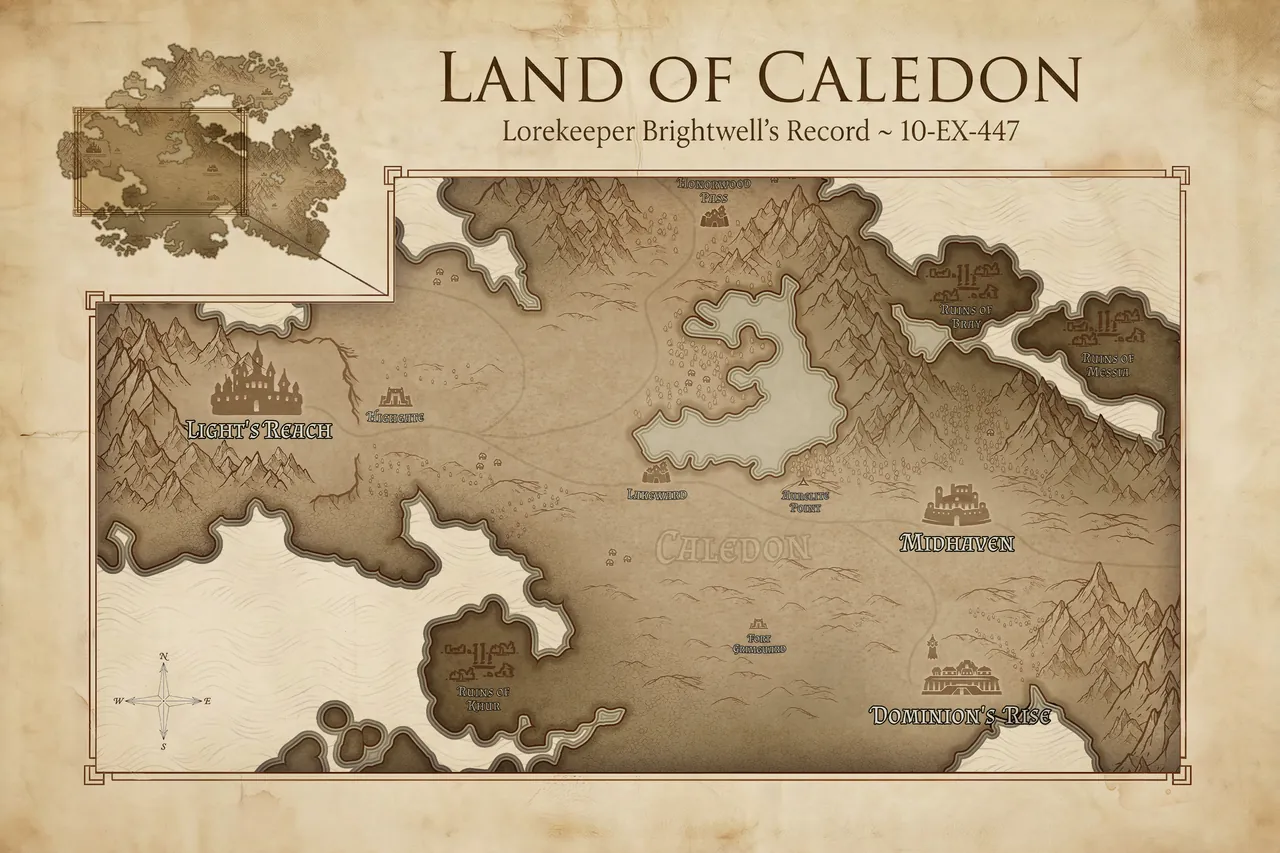 Map of the Land of Caledon, Lorekeeper Brightwell&rsquo;s Record 10-EX-447, showing Light&rsquo;s Reach in the western mountains, Lakeward on the great lake, Midhaven in the east and Dominion&rsquo;s Rise on the southeastern coast