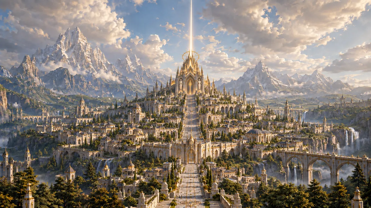 Light&rsquo;s Reach, a white and gold city climbing a mountainside to the Prime Beacon, its pillar of light rising into the sky above snow-capped peaks and waterfalls