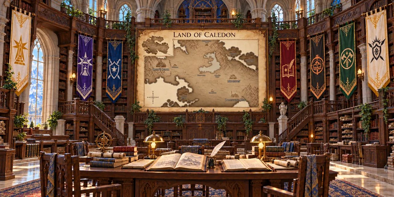 The Lorekeeper&rsquo;s Archives, a great library hall hung with the banners of the Orders, with a map of the Land of Caledon on the far wall