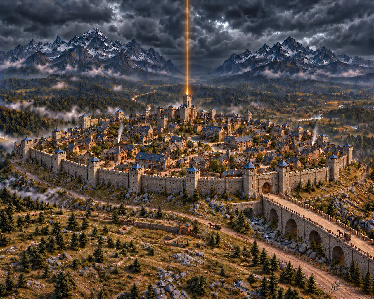Midhaven, a stone-walled town in a valley beneath storm-dark mountains, with a beam of light rising from its central tower
